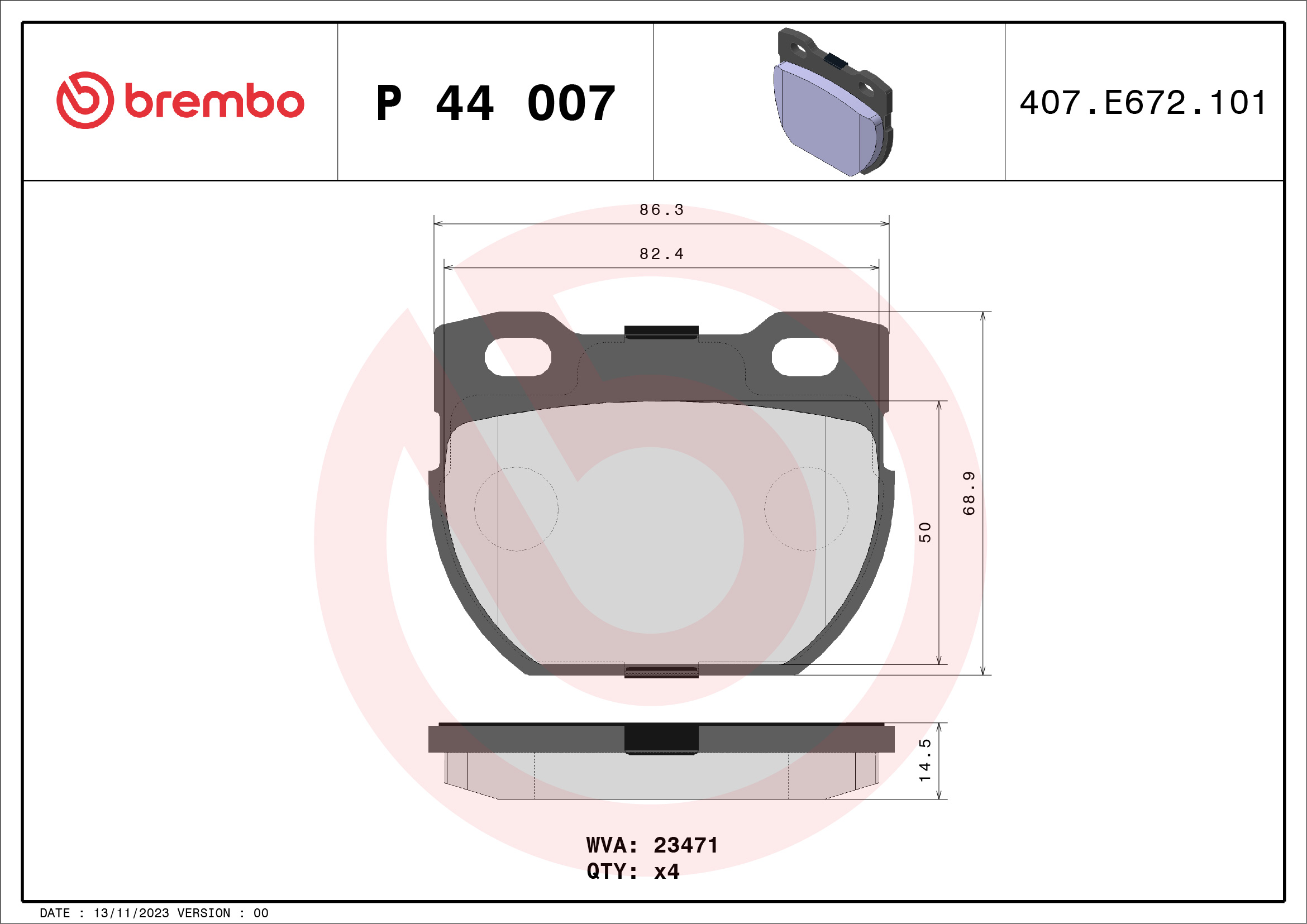 A.B.S. P 44 007 BREMBO Bremsbelagsatz, Scheibenbremse